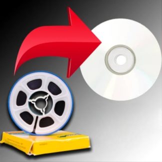 8mm film reel on box with arrow pointing to DVD