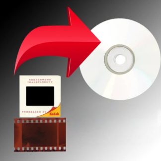 A slide and a negative with an arrow pointing to a CD/DVD.