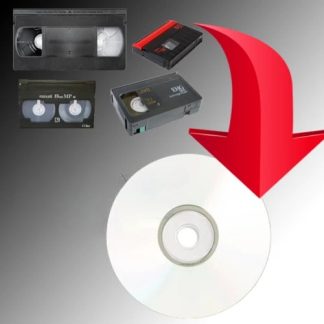 Assorted videotapes with an arrow pointing to a DVD.